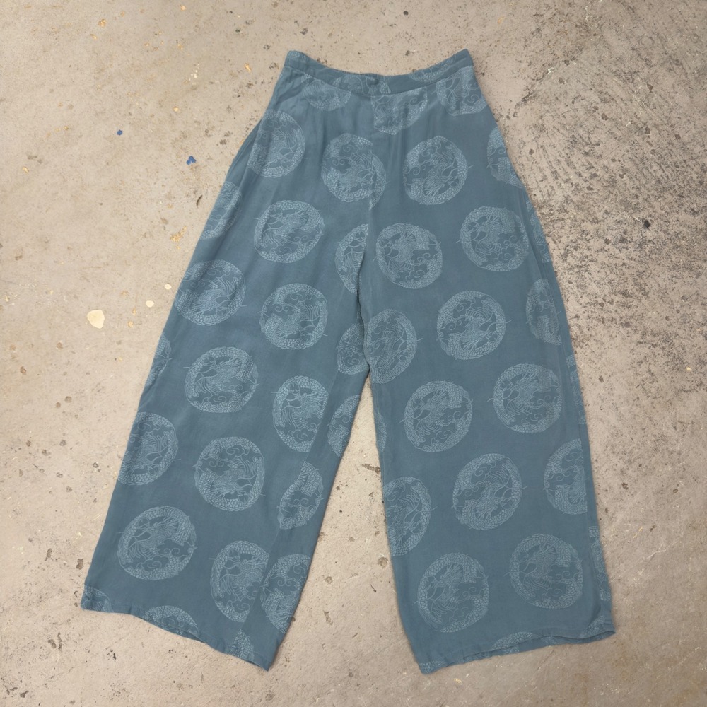 Citron Santa Monica 100% Silk Wide Leg Dragon Jacquard Pants Blue Gray Medium